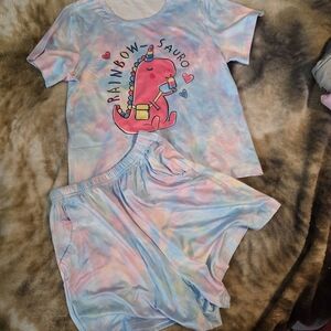 Kids Rainbow Dino Tie-Dye Pajama Set - Pink/Blue